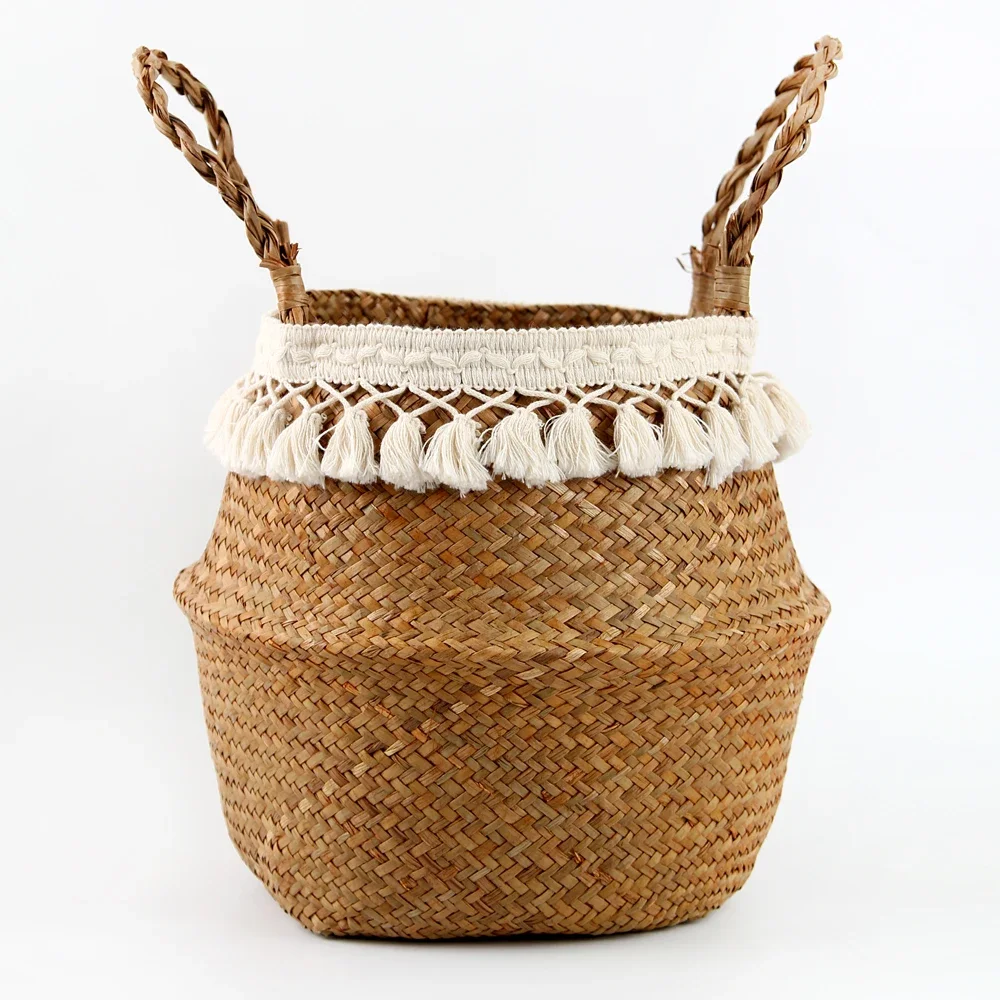 Foldable Handwoven Wicker Storage Baskets Potted Planter Laundry Basket Folding Eco-Friendly Boho Rattan Hanging Basket Seagrass