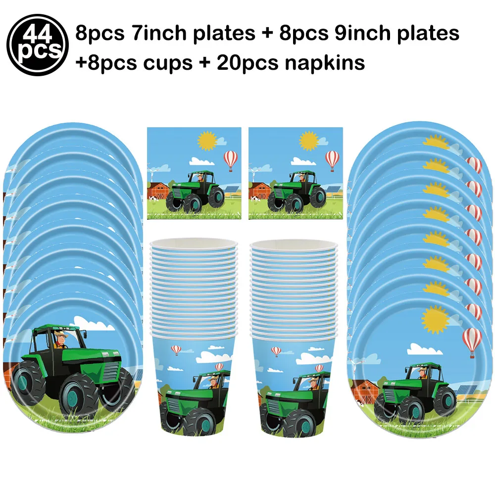 Farm Tractor Party Decor Set - Tableware, Napkins, Tablecloth, Banner, Balloons & Cake Topper
