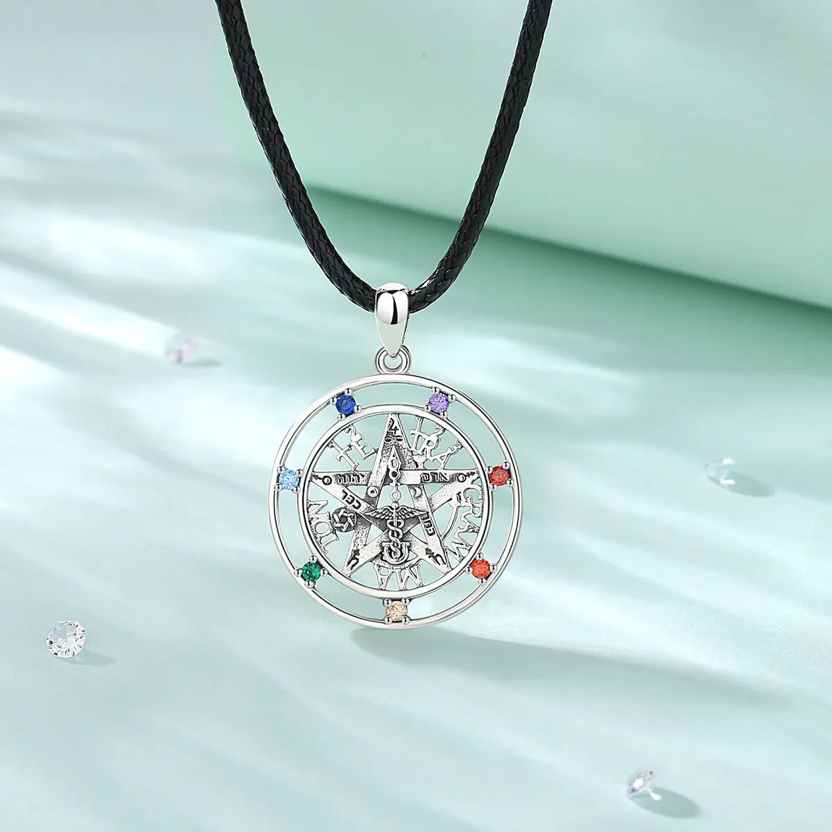Silver Pendant Necklace 925 Sterling Silver Pentagram 7 Color Chakra For Women Man
