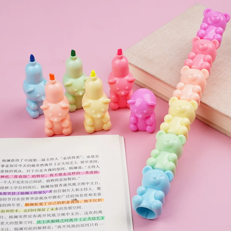 6 Colors Marker Pens Cute Bear Highlighters Fluorescent Marker Kids Gifts Cute Korean Stationery Office School Writing Supplies