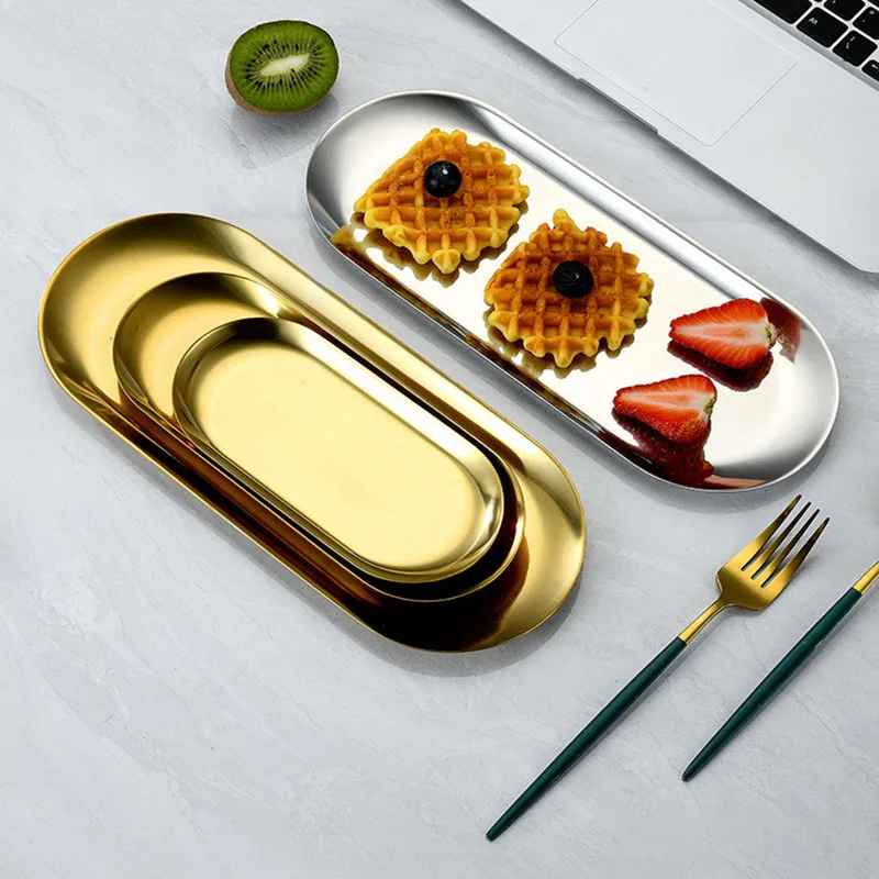 Oval Stainless Steel Gold Dining Plate Dessert Plate Nut Fruit Cake Tray Snack Kitchen Western Steak Kitchen Dish Fruit Plate Ceramic Dessert Plates