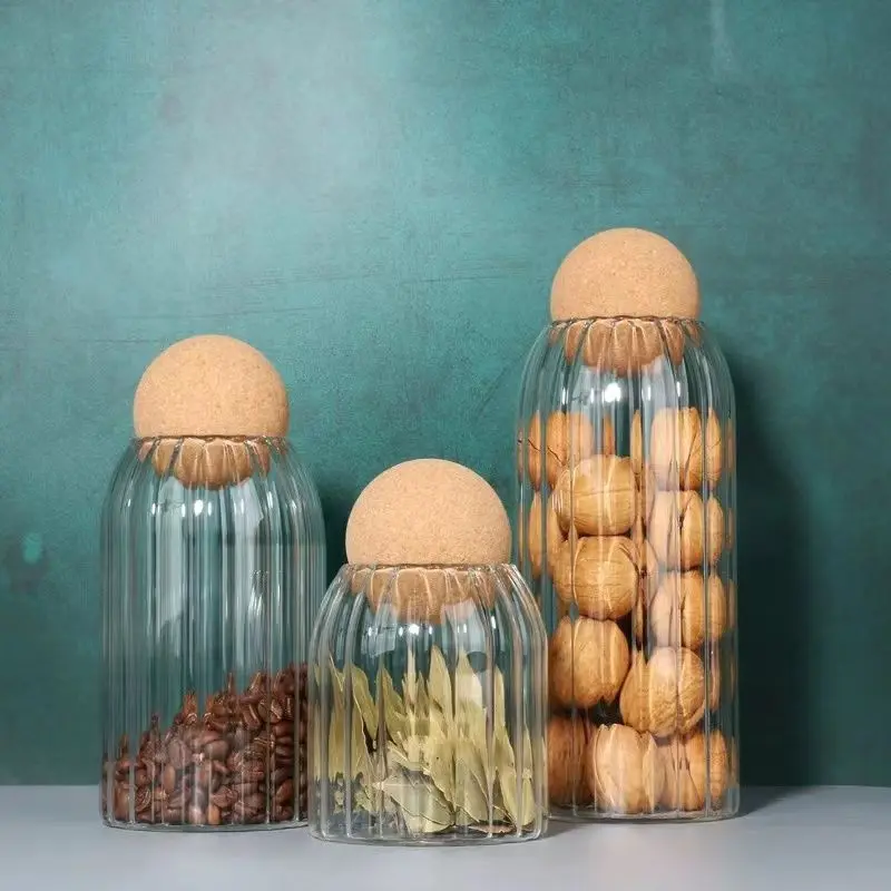 Cork Stopper Glass Storage Jar Clear Glass Canisters with Cork Ball Round Bottles Candy Coffee Beans Spices Storage Tank