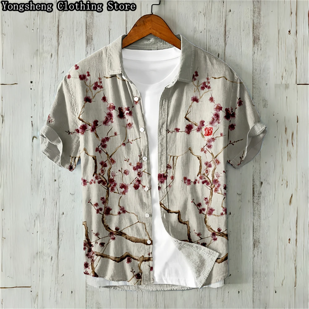 Men's short-sleeved linen printed shirt 2024 independent site best-selling retro holiday daily casual clothing large size XS-5XL 3