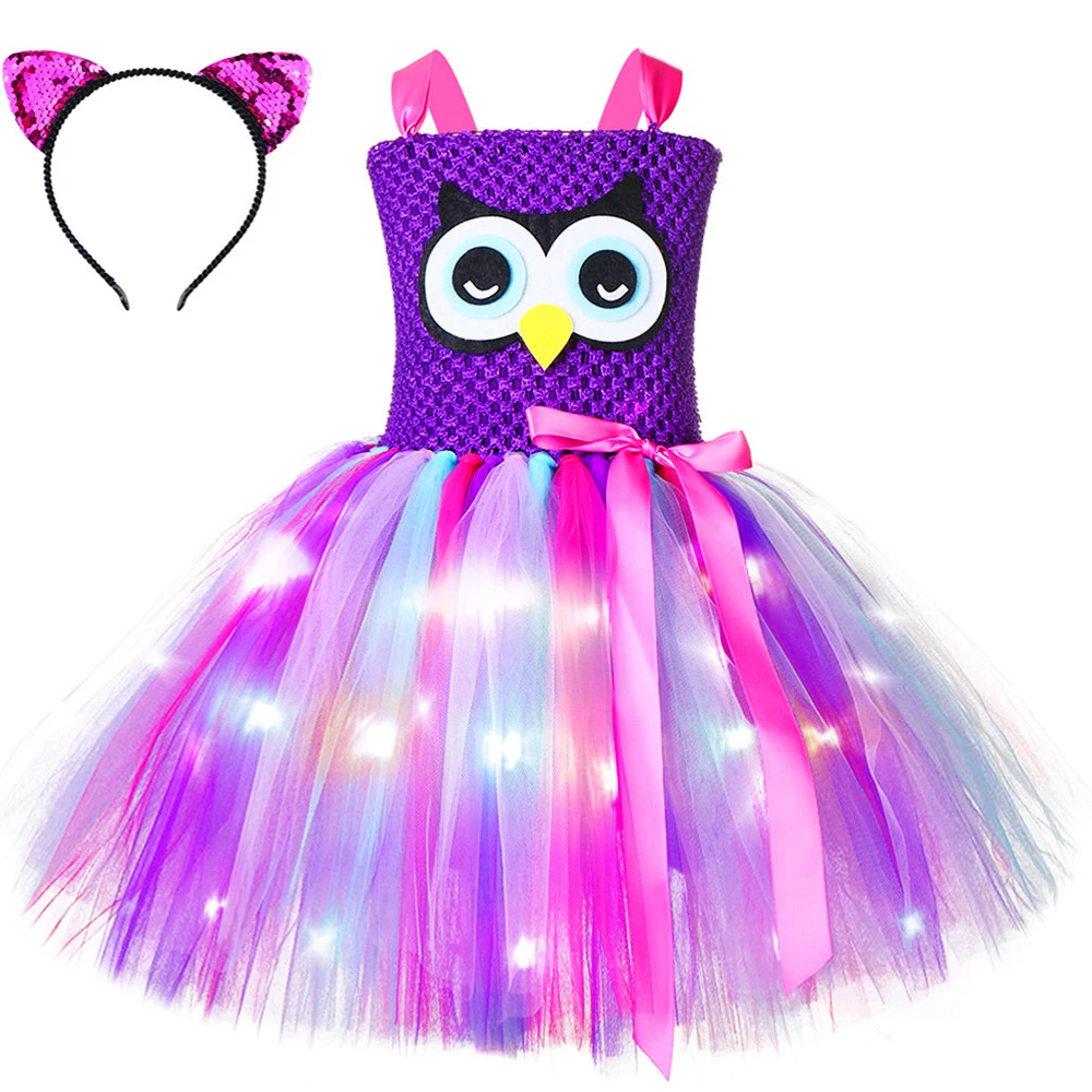 

Cute Led Lights Owl Halloween Costumes for Girls Christmas Birthday Princess Dresses for Kids Birds Cosplay Outfit with Ears Bow