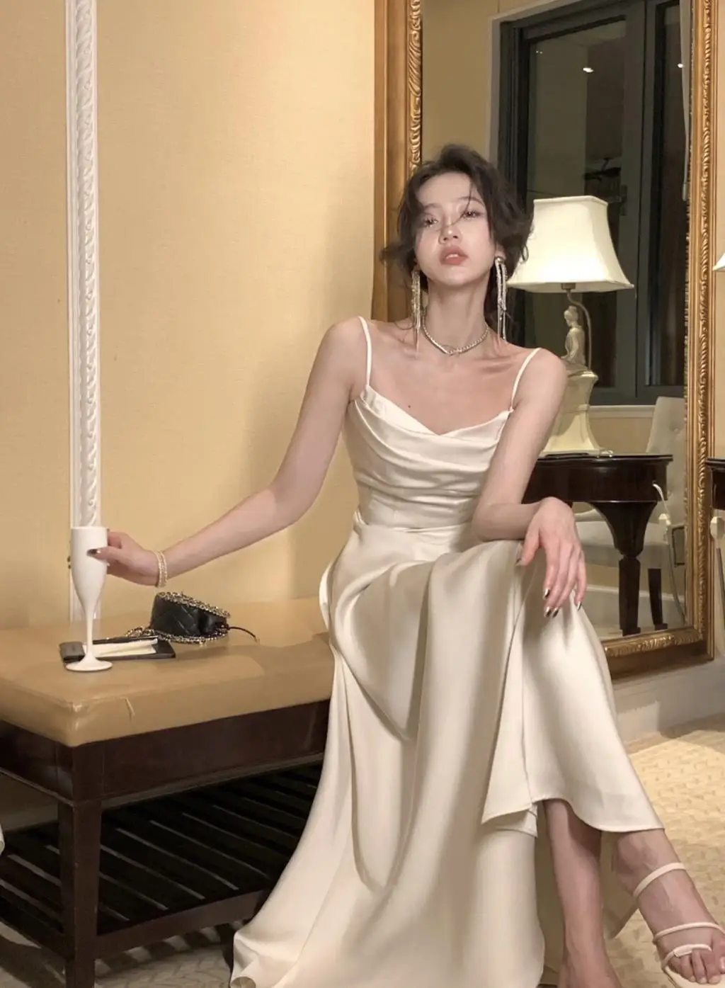 New Summer Satin Midi Dress Women Slim Spaghetti Strap Elegant Party Dresses Wedding Evening Birthday Backless Prom Robe Clothes