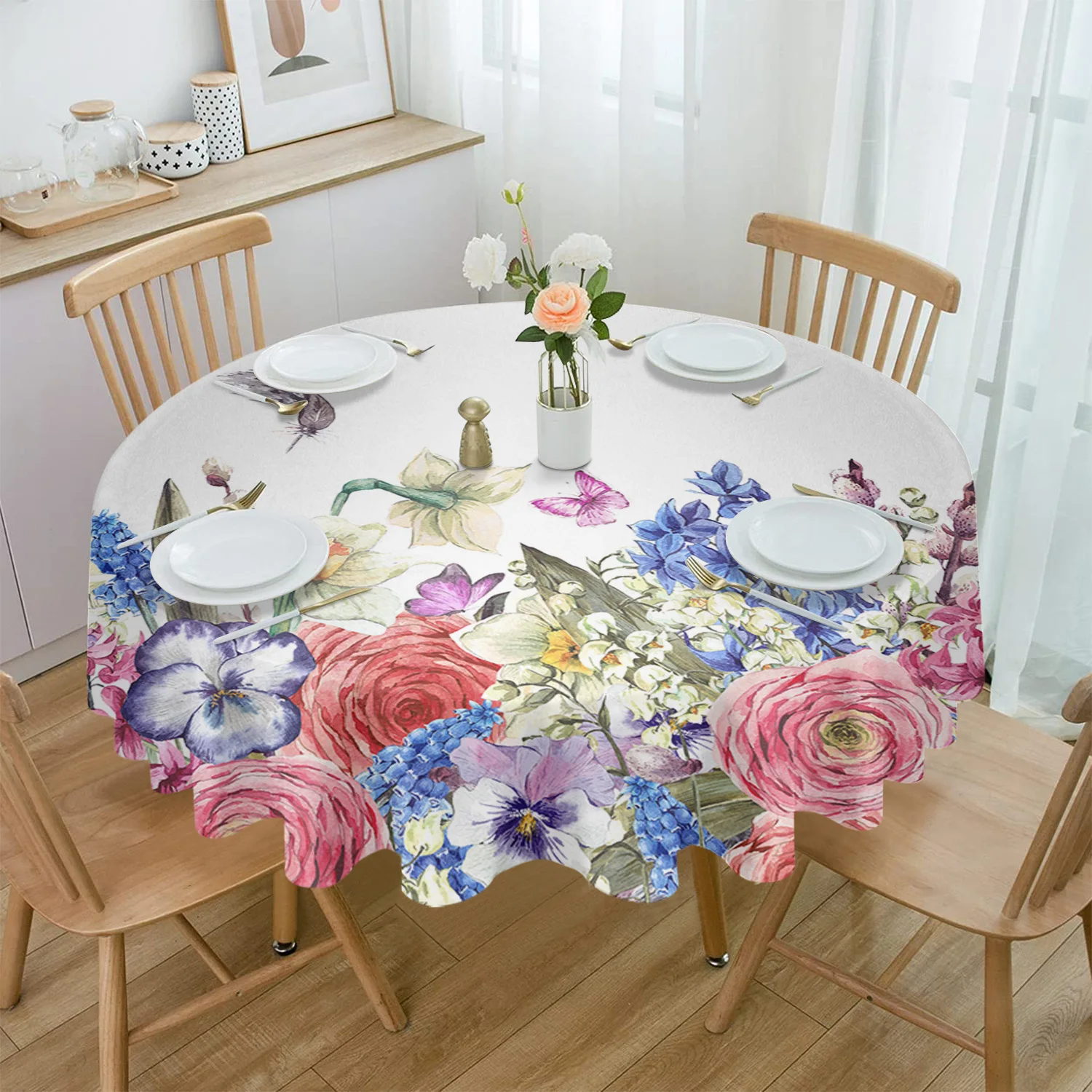 

Flower Feather Butterfly Round Table Cloth Festival Dining Waterproof Tablecloth Table Cover for Wedding Party Decor