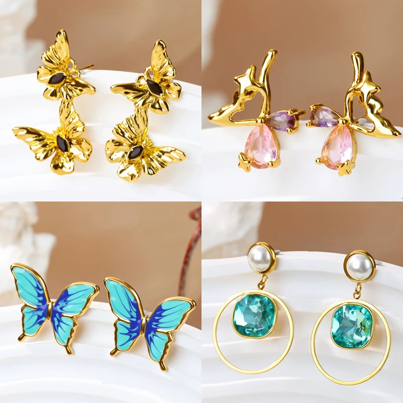Zircon Butterfly Earring For Women Gold Color Stainless Steel