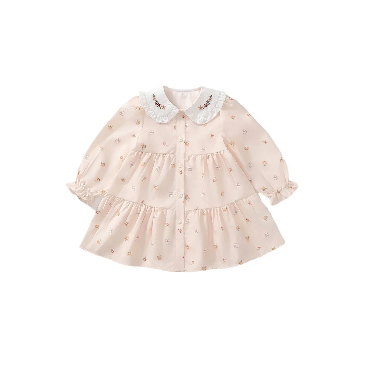 Korean New Toddler Girls Dress Cotton Peter Pen Collar Embroidery Kids Girls Dress Single Breasted Printed Babys