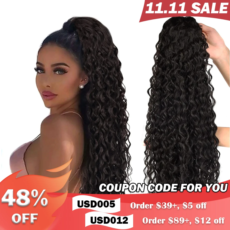 Human Hair Extensions Curly Drawstring Ponytail Clip In Hair Extensions Brazilian Human Hair Ponytail Wig Water Wave Hairpiece False Deep Wave 1 Pc