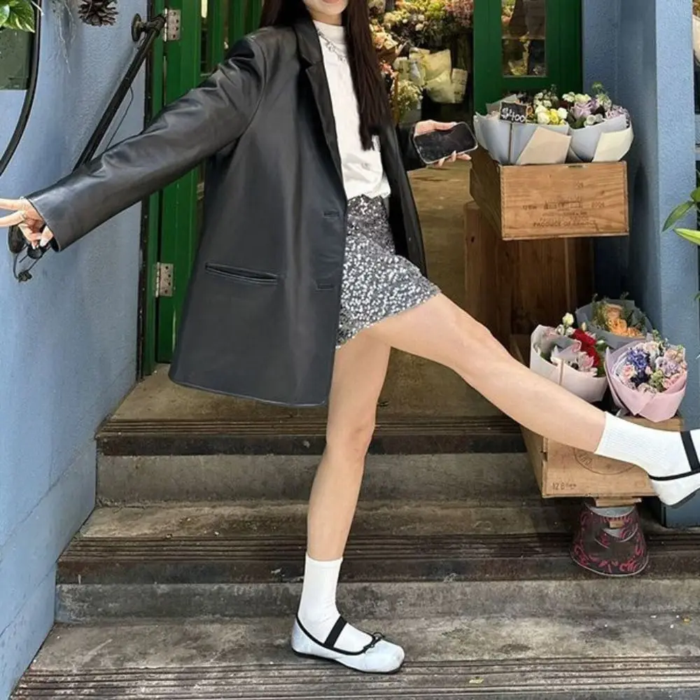 Y2k Lapel Collar Leather Jacket Women Outerwear Retro Suit Leather Jacket Korean Chic Loose Vintage PU Coats Holiday