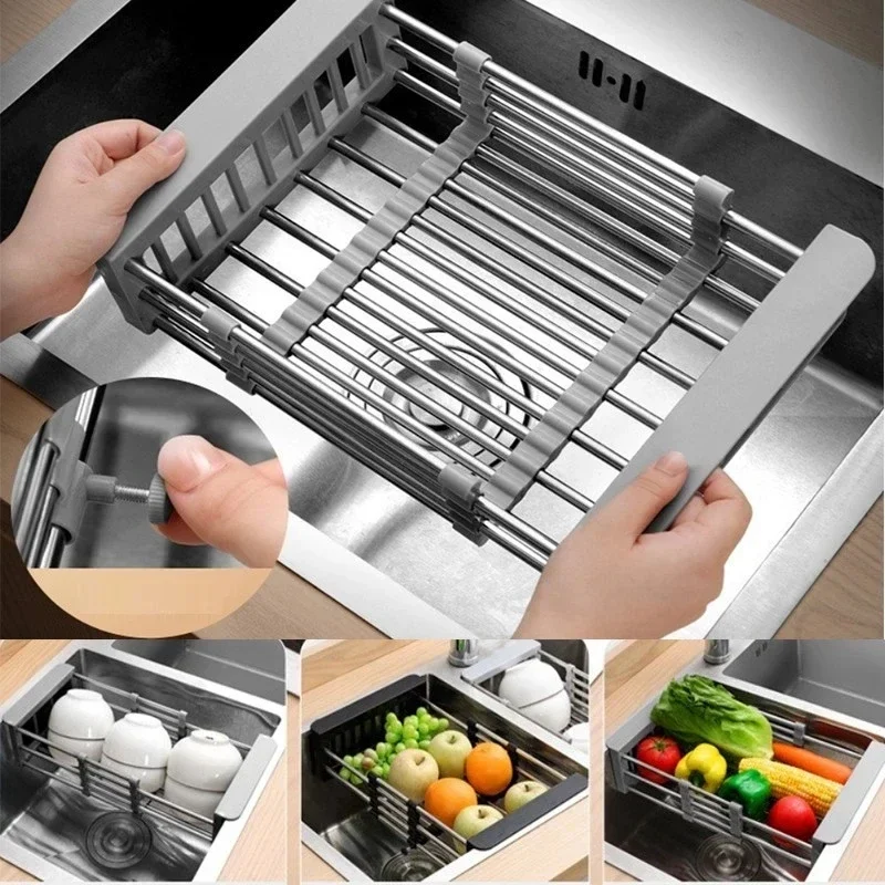 

Adjustable Sink Washing Stainless Steel Drainer Tableware Basket Fruit Dish Storage Kitchen Rack Vegetable