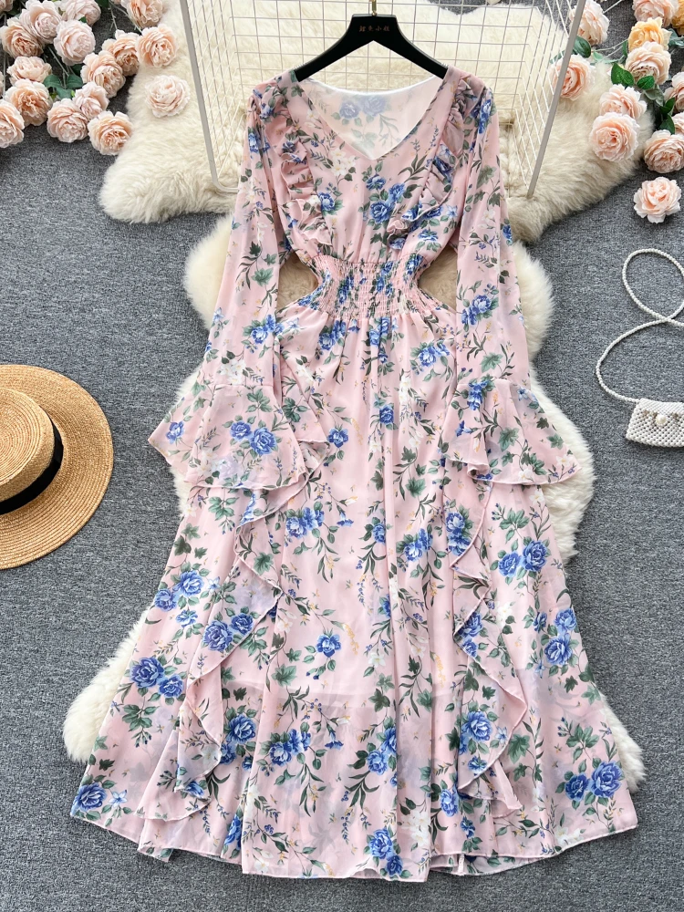 

Spring Floral Dress 2024 New Women Autumn Sweet Lotus Edge Slim Fit Long Flare Sleeves Chiffon Vacation Dress