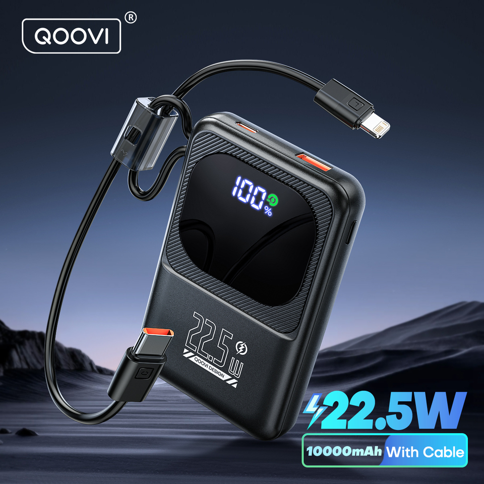 QOOVI Powerbank Ultra-Thin 10000mah Built-in Cable 22.5W Fast Charging Portable External Battery For Samsung S23 Xiaomi iPhone