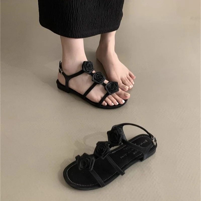Women's Summer New Thick Heel Roses Flower Stripe Fashion Versatile Simple High Heel Slippers Shoes Casual Ladies Sandals