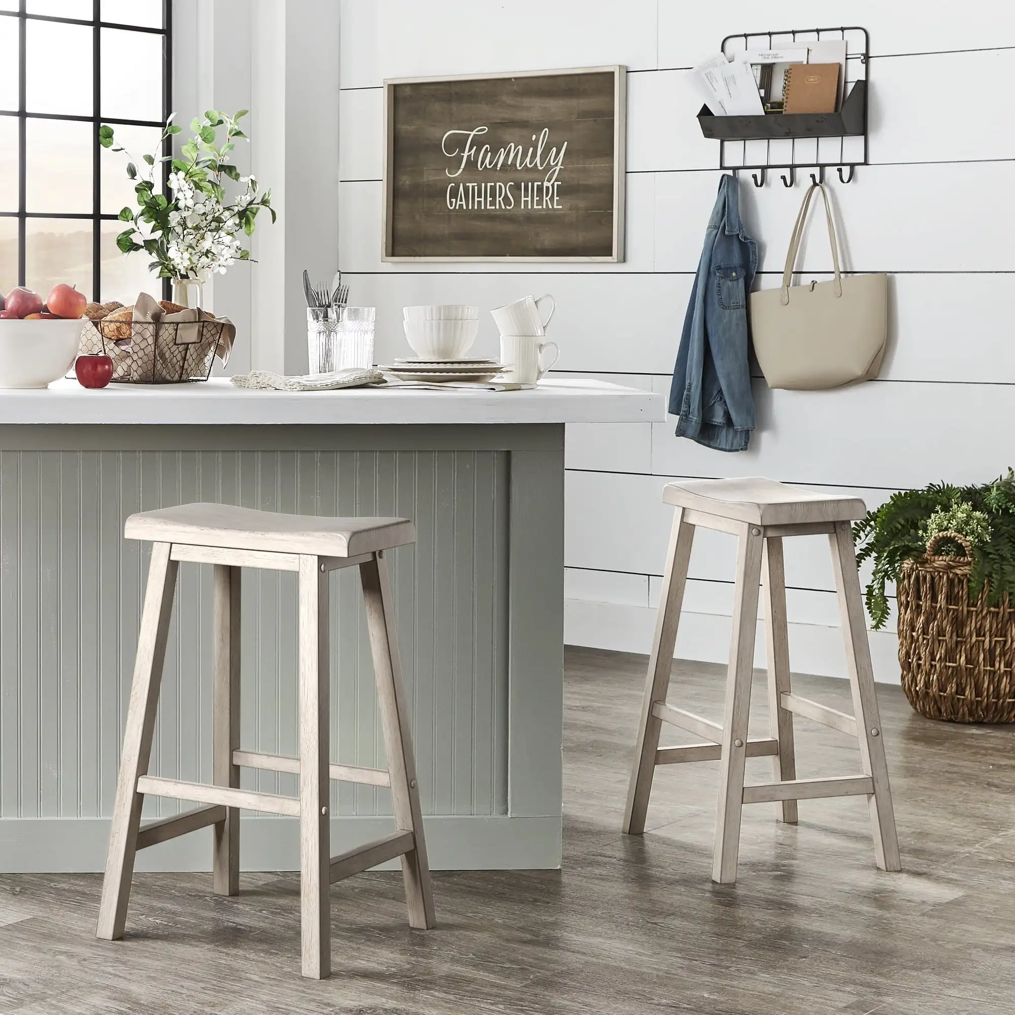 

White Bar Chairs Set of 2 Backless Saddle Seat Wood Counter Stools
