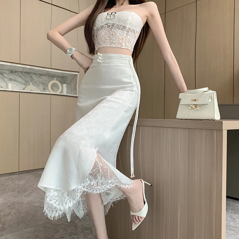 

Белая кружевная Лоскутная юбка А-силуэта для женщин, летняя новая Жаккардовая юбка средней длины, прямая облегающая бедра юбка с пряжкой