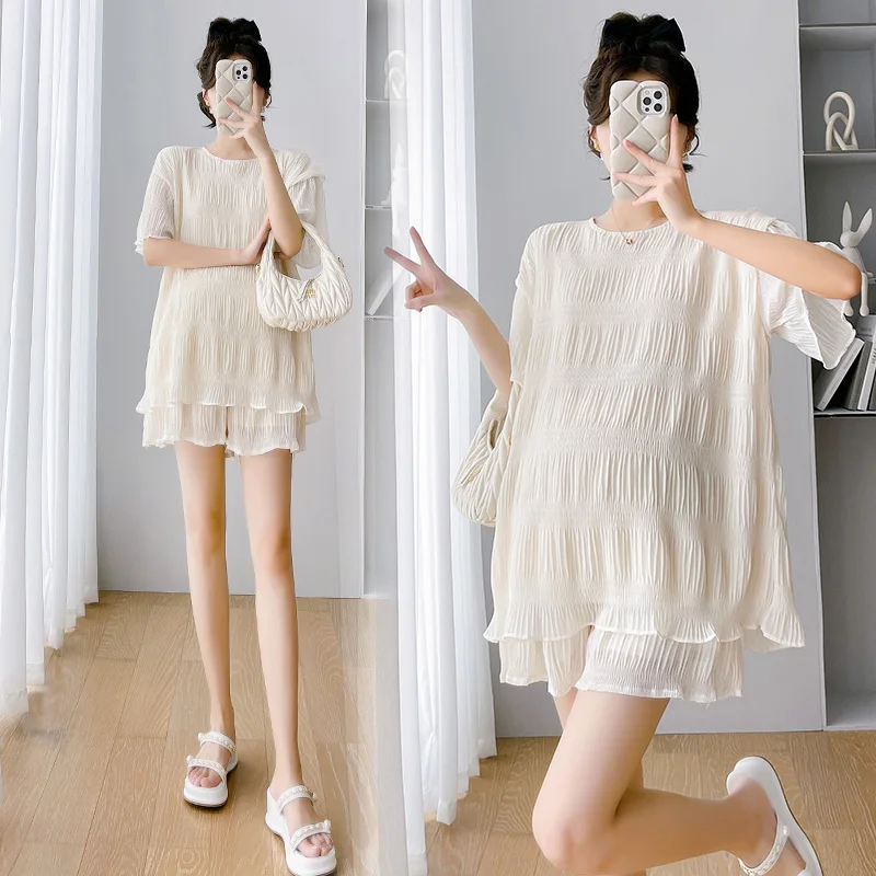 Summer Loose Pregnant Women's Shorts Set French Style Fairy Top Shirt+Belly Pants Two Piece Set Maternity Pleated Clothes Sets
