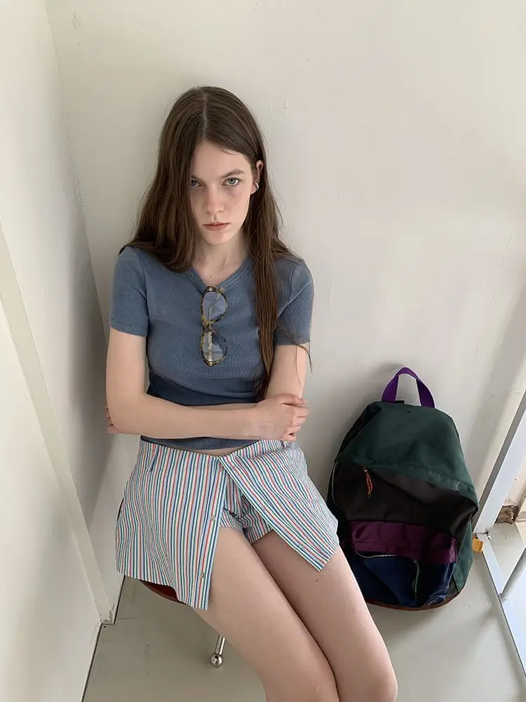 ADAgirl Summer Stripe Shorts Women Y2k Causal Baggy Low Waist Korean Straight Half Pants Streetwear Fashion Female Short Skirts