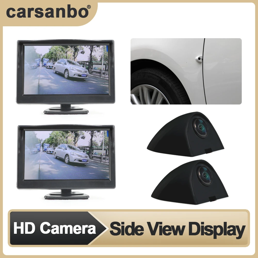 Carsanbo 5" Left and Right AHD Digital Side View Blind Spot Monitor Display with Two HD Black 720P Night Vision Side View Camera rear view mirror camera system