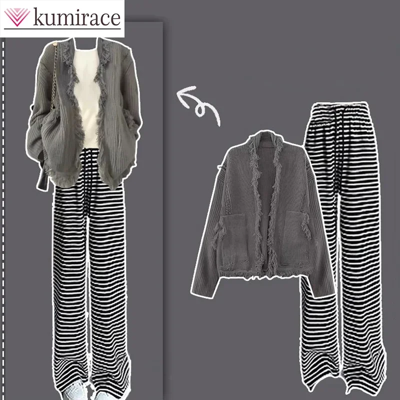 Winter Wear Set Women's 2023 New Korean Warm Coat Striped Pants Two Piece Setwinter Clothes Women 2 Piece Sets Women Outfit