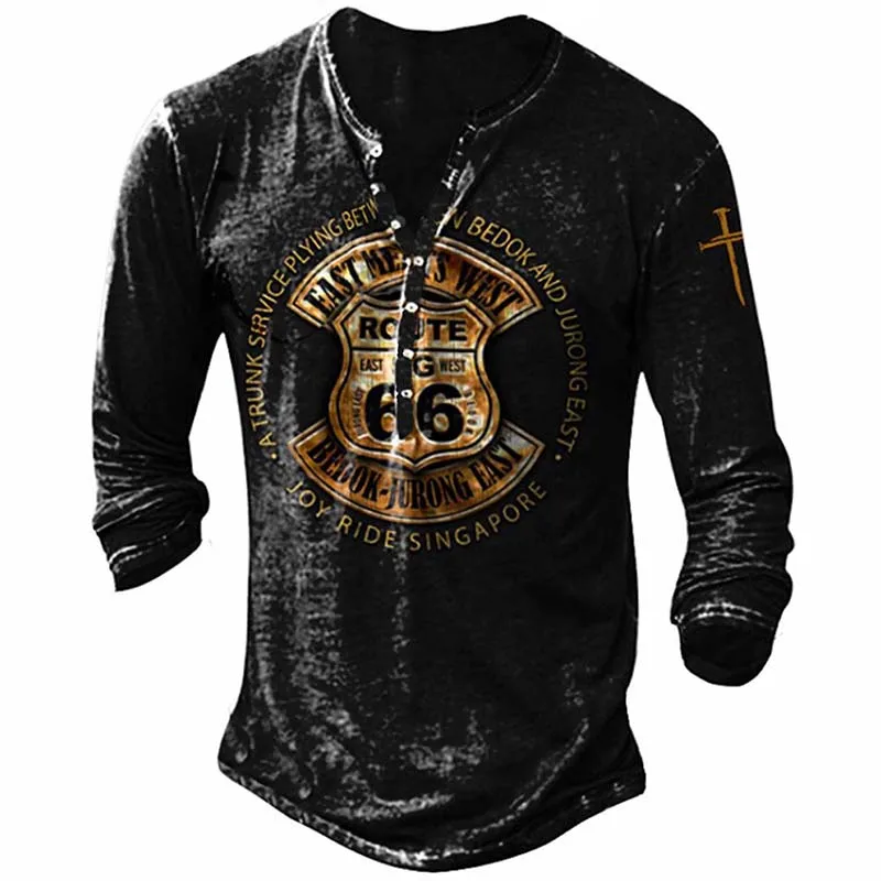 

Vintage Men's Cotton T-shirts 3D Printed 66 Route Long Sleeve Tops Gothic Henley Shirt For Men Clothes Oversized Punk Streetwear