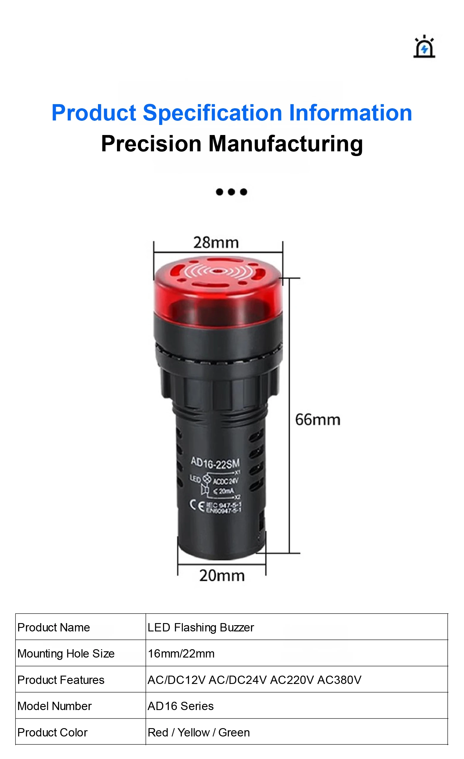 AD16-22SM 22mm LED Indicator Light with Buzzer Alarm, AC/DC 12V 24V 110V 220V, F