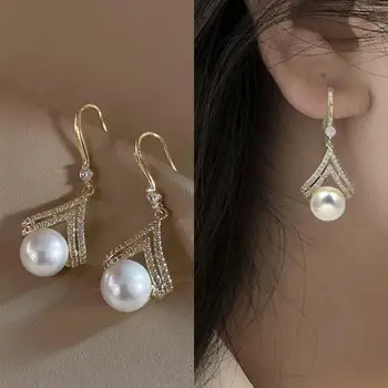 Korean Fashion Crystal Pearl Drop Earrings For Women Jewelry 2025 Trending New Luxury Women's Champagne Color Pearl Earrings