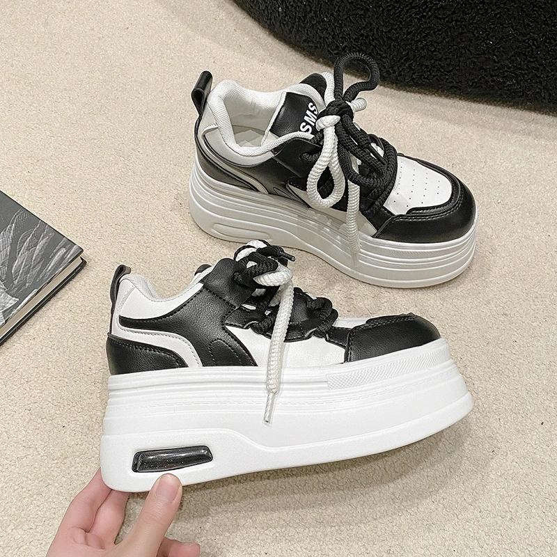 Women Leather Chunky Sneakers Spring Autumn Platform Casual Shoes Lace-up Breathable Sports Shoes Woman Vulcanized Shoes 8.5CM