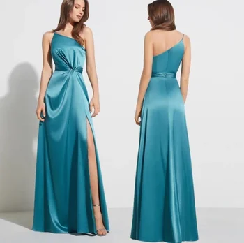 Jade Blue Satin Evening Gown for Women Sexy Square Neck Bridesmaid Dress High Slit Formal Party Dress Long Dress for Party 2