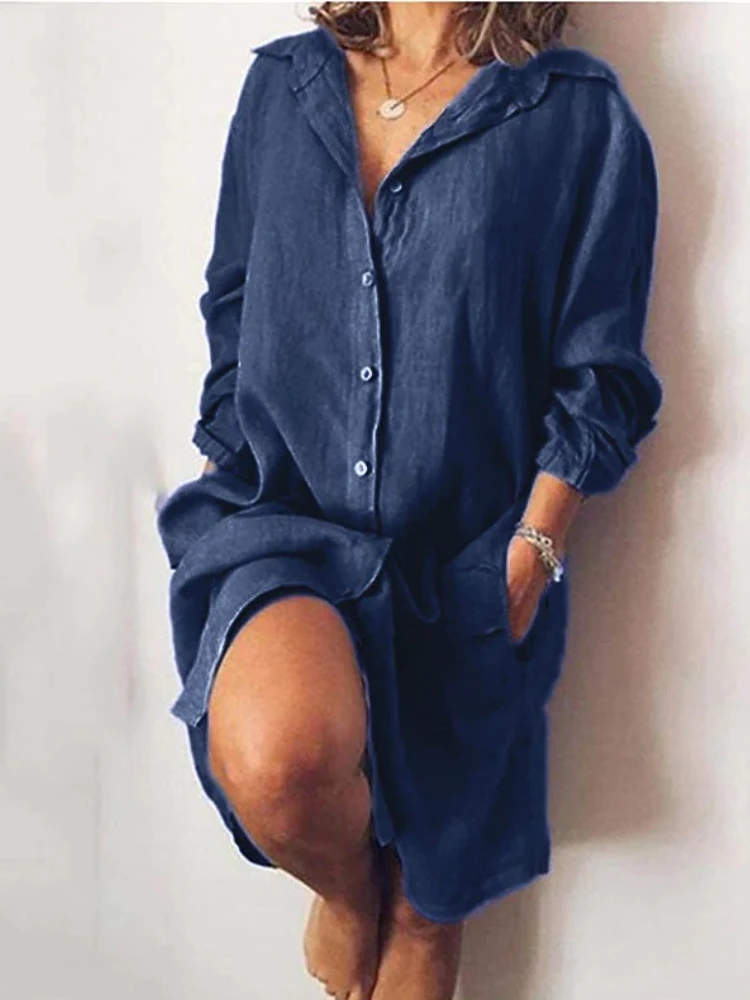 2024 Autumn Fashion New Elegant Cotton and Hemp Women's Dress Elegant Commuting Style Flip Collar Single Breasted Elegant Dress 1