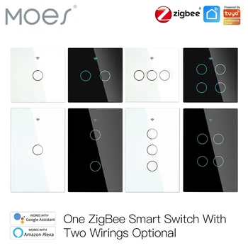 Moes-ZigBee 벽 터치 스마트 조명 스위치, 중립/중립 없음 커패시터 스마트 라이프 앱 Tuya 음성 제어 Alexa Google