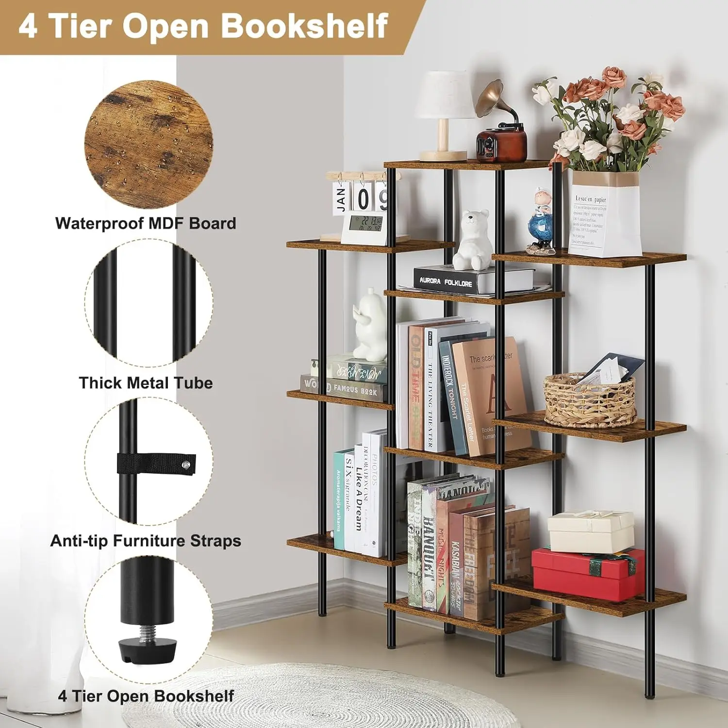 Four story S-shaped side table, open bookshelf, made of waterproof medium density fiberboard and thick metal tube