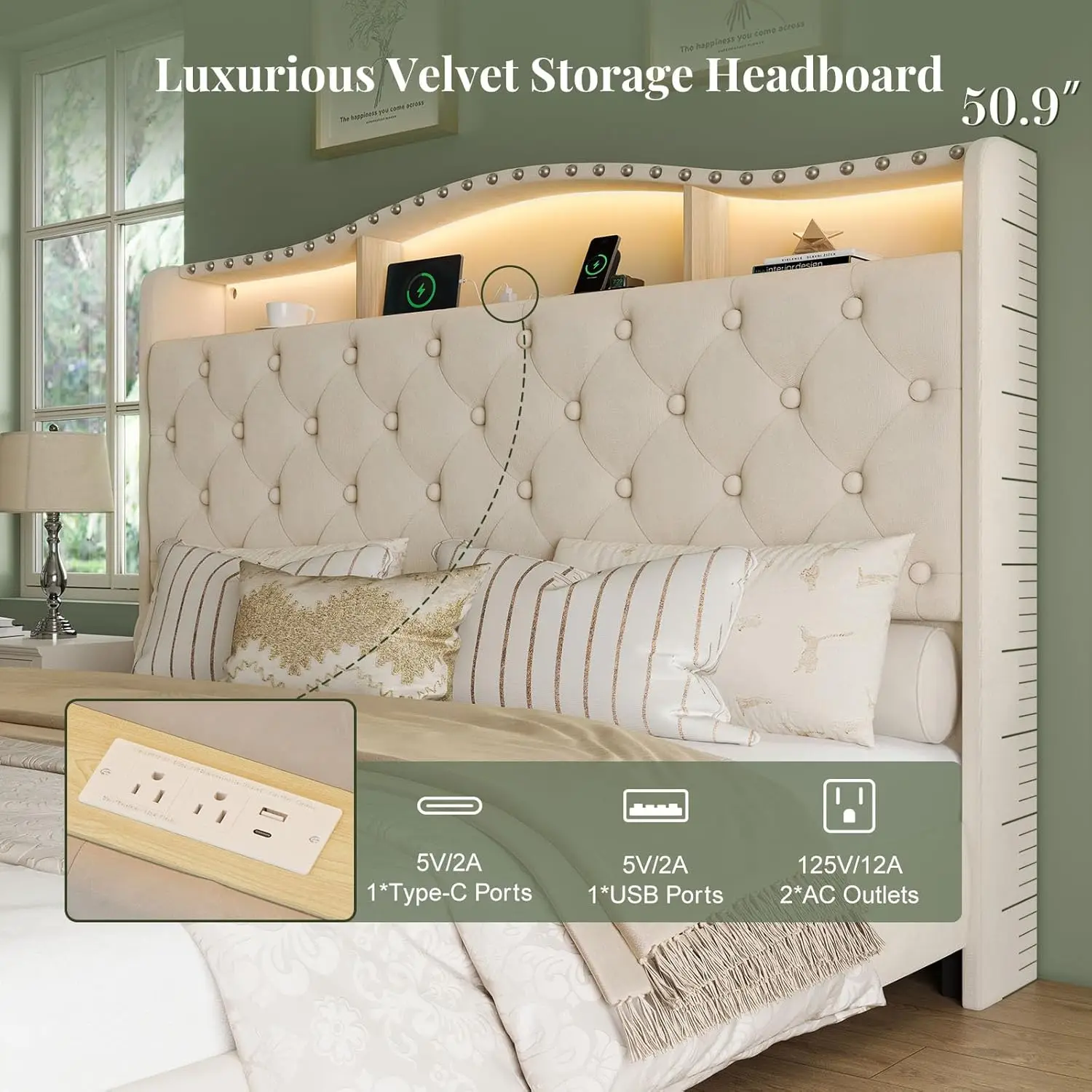 50.9" Velvet Upholstered Wingback Bedframe with LED Lights & Storage/Charging Station, Button Tufted Tall Footboard