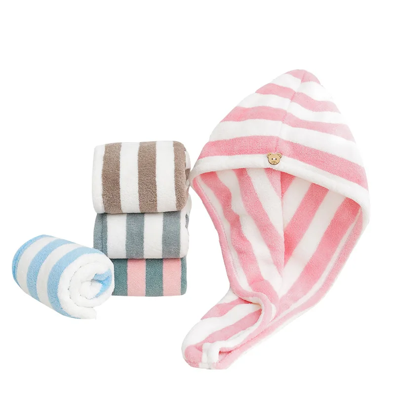 Microfiber Hair Towel Wrap Thickened Coral Velvet Cationic Dry Hair Cap Water Absorption and Quick Drying Striped Bath Cap 2