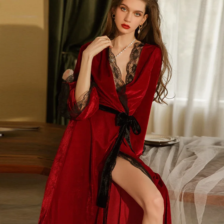 Women Sleepwear Silk Robe Cotton Bathrobe Gold Velvet Women Spring X-long Bathrobe Lace Ladies Robes With Sashes French Style Luxury V Neck Kimono Dressing Gown Female