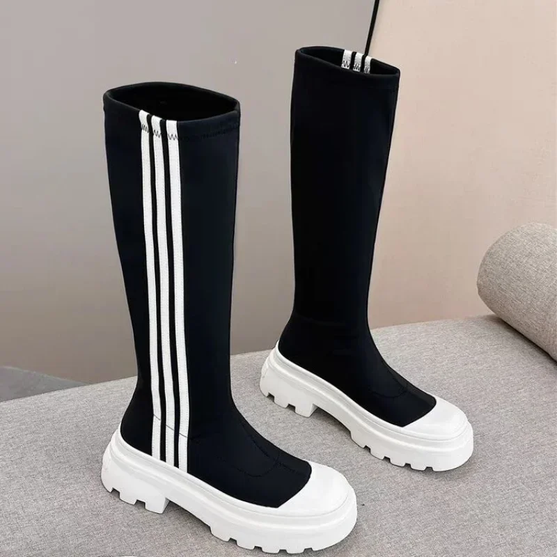 Women's Winter New Square Heel Knee High Sock Boots Slip on Round Toe Boots for Women Ladies Comfortable Casual Platform Boots