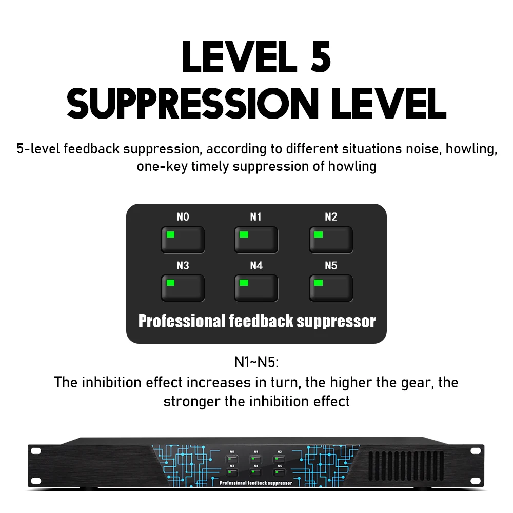 Professional Feedback Suppressor 4 in 4 Out Performance Stage Conference KTV Microphone Automatic Anti-whistle Level Adjustable