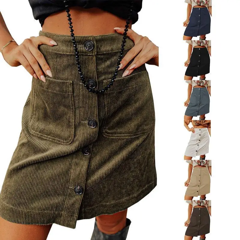 

Women Skirt Button Closure Hip Wrap Single-breasted Lady Skirt Solid Color Corduroy Material Above Knee Skirt For Daily Wear