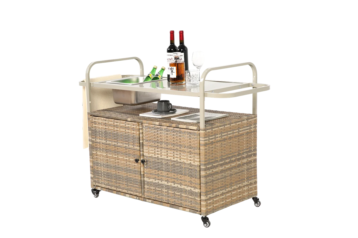 Outdoor Bar Table, Wicker Bar Cart with Cabinet, Patio Serving Cart with steel Top, icebucket, Side Basket, Lockable Wheels