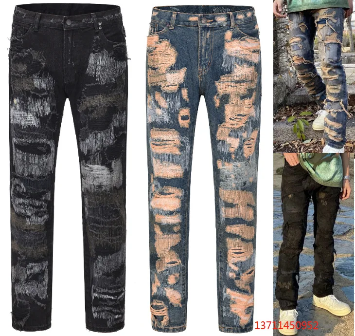 

High Street Retro Straight Jeans Men's Random Stitch Patch Hole Embroidery Slim Fit Jeans Y2K Beggar Denim Pants Drop Shipping
