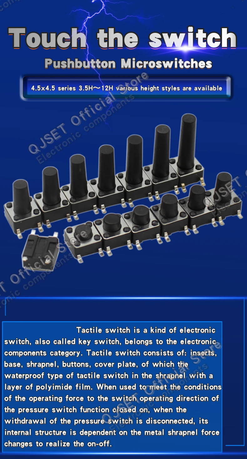 50 Stück 4,5x4,5mm Mikroschalter Tastenschalter Leichter Berührungsschalter Kleiner Induktionsherd 4-Pin Vertikaler SMD-Schalter 4,5*4,5*3,5/4/5-12mm – Detail 1