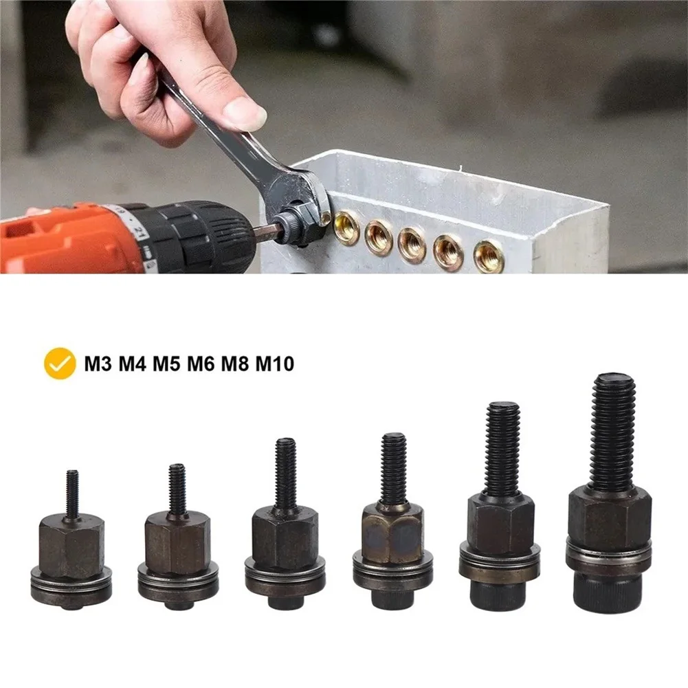 6-teiliges Handnietmuttern-Set, manuelles Nietwerkzeug, Ersatzspitzen und Dornköpfe für Muttern M3, M4, M5, M6, M8, M10, ohne Stahlmutter