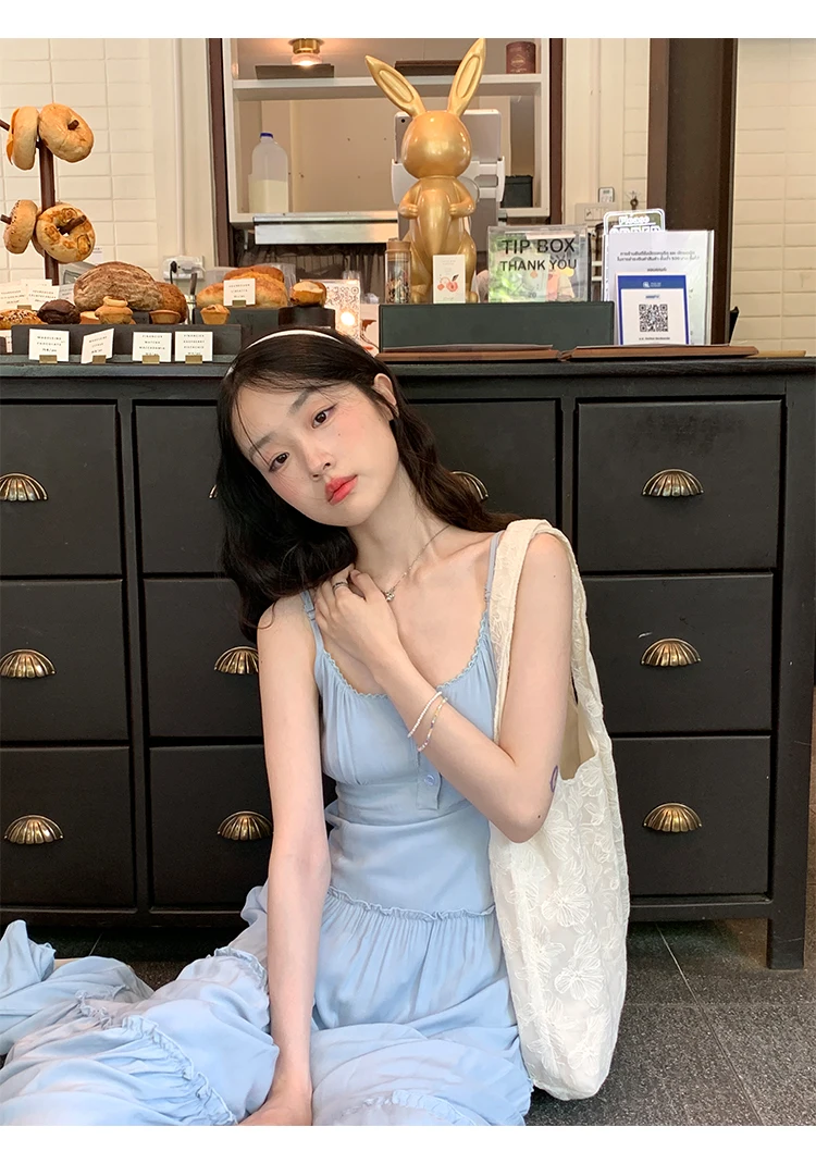 French Elegant Dresses for Women Solid Spaghetti Strap Summer New Ruffles A-line Casual Korean Chic Midi Vestidos Mujer