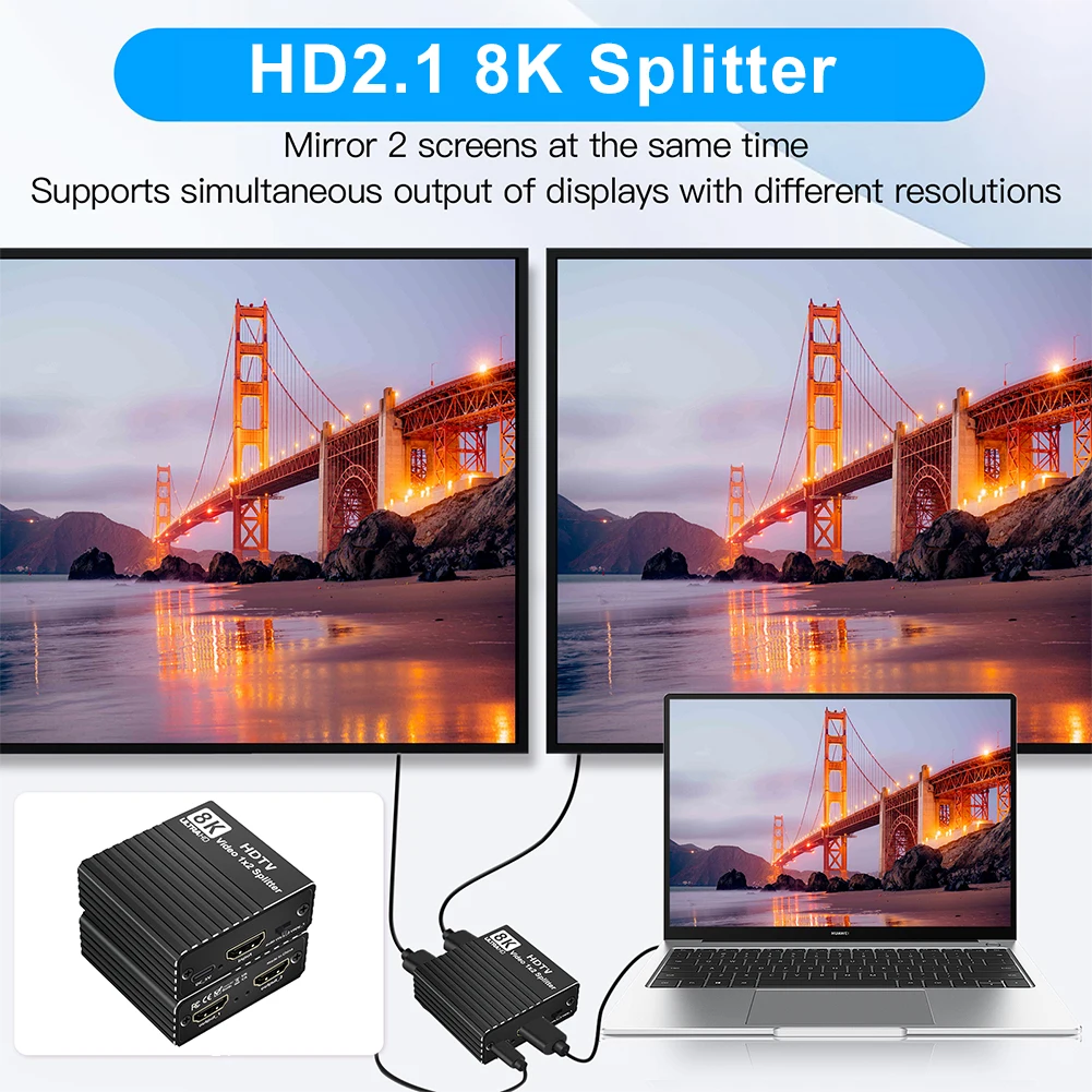 8K HDTV 1X2 Splitter with EDID HDMI-Compatible 1 To 2 Splitter Dual Display Video Splitter for Set-Top Box Game Console Computer