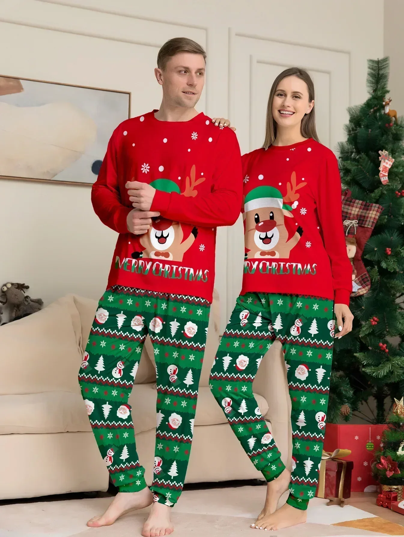 Merry Christmas 2024 Elk Print Family Matching Pajamas Set Adults Kids New Year's Clothes Cute 2 Pieces Suit Sleepwear Xmas Look 2