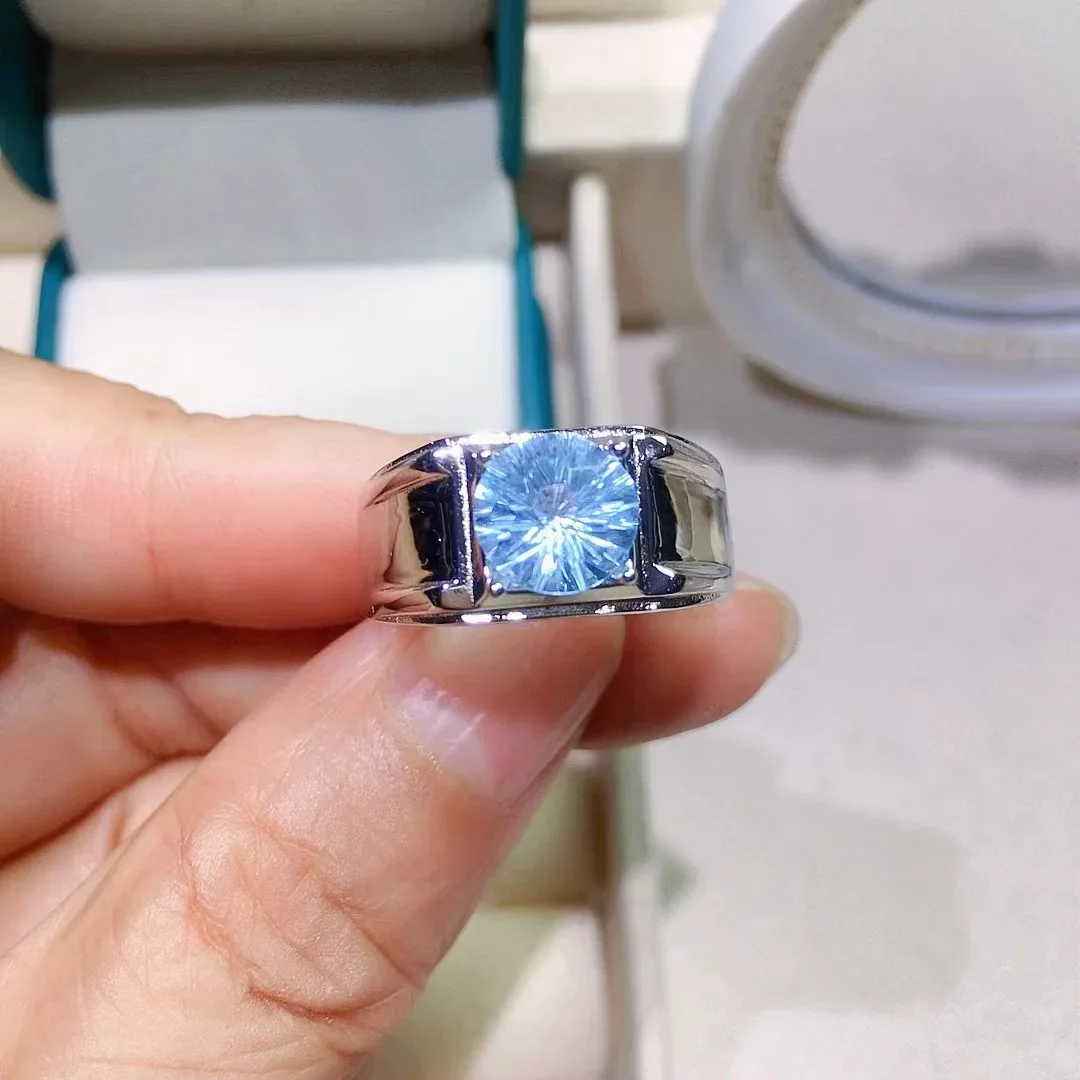 2ct 브릴리언트 라이트 블루 토파즈 맨 링 8mm*8mm 남성용 천연 토파즈 반지 데일리 착용을 위한 925 실버 토파즈 ...