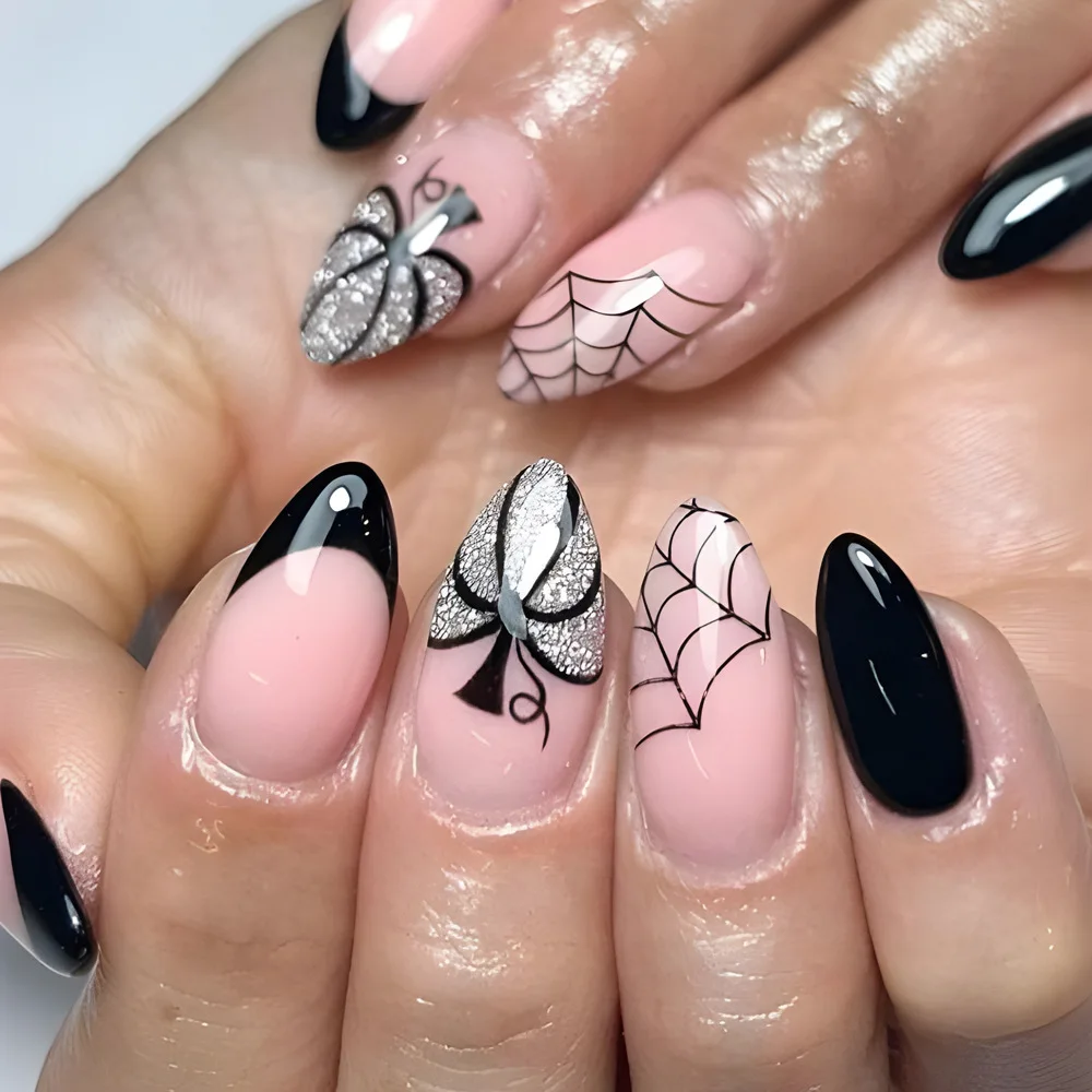 48-tlg. Halloween-Nagelset – Spinnennetz & Schädel-Design – Künstliche Nägel Zum Aufkleben, Verschiedene Größen