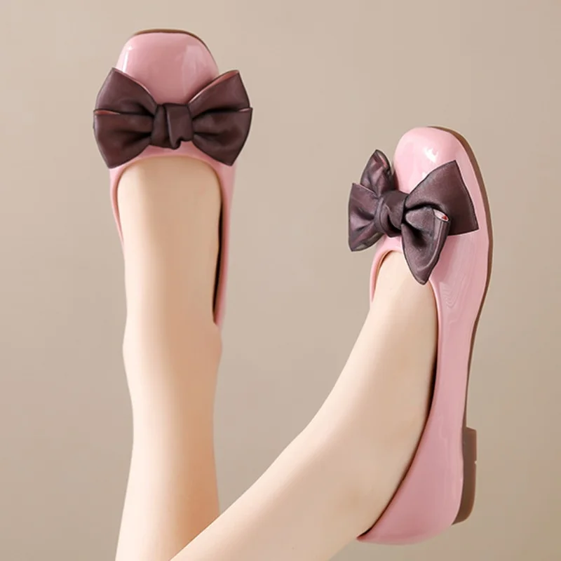 

Shoes for Women 2023 Fashion Spring and Autumn Women' Flats Solid Color Butterfly-knot Round Toe Square Root Shallow Mouth Shoes