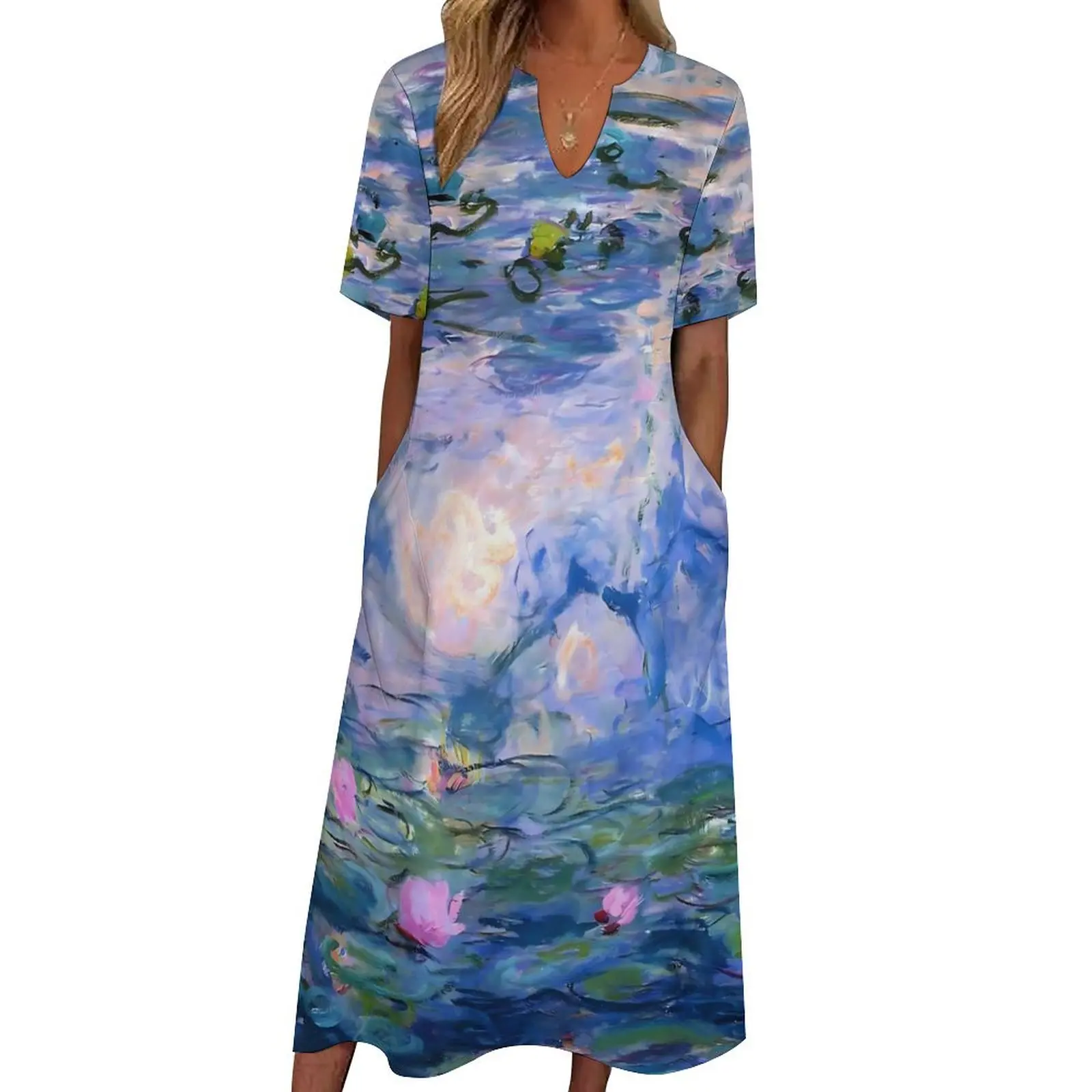 

Платье-макси с рисунком водных лилий, пикантное уличное длинное пляжное платье в стиле бохо, с V-образным вырезом, лето