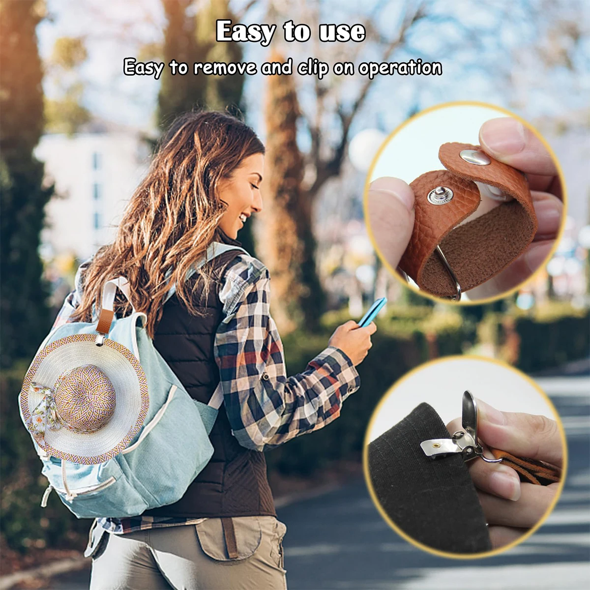 Description Picture 4 of itemPU Leather Hat Clip for Travel Hanging on Bag Handbag Backpack Cap Holder for Women Men Outdoor Beach Accessories Hat Companion